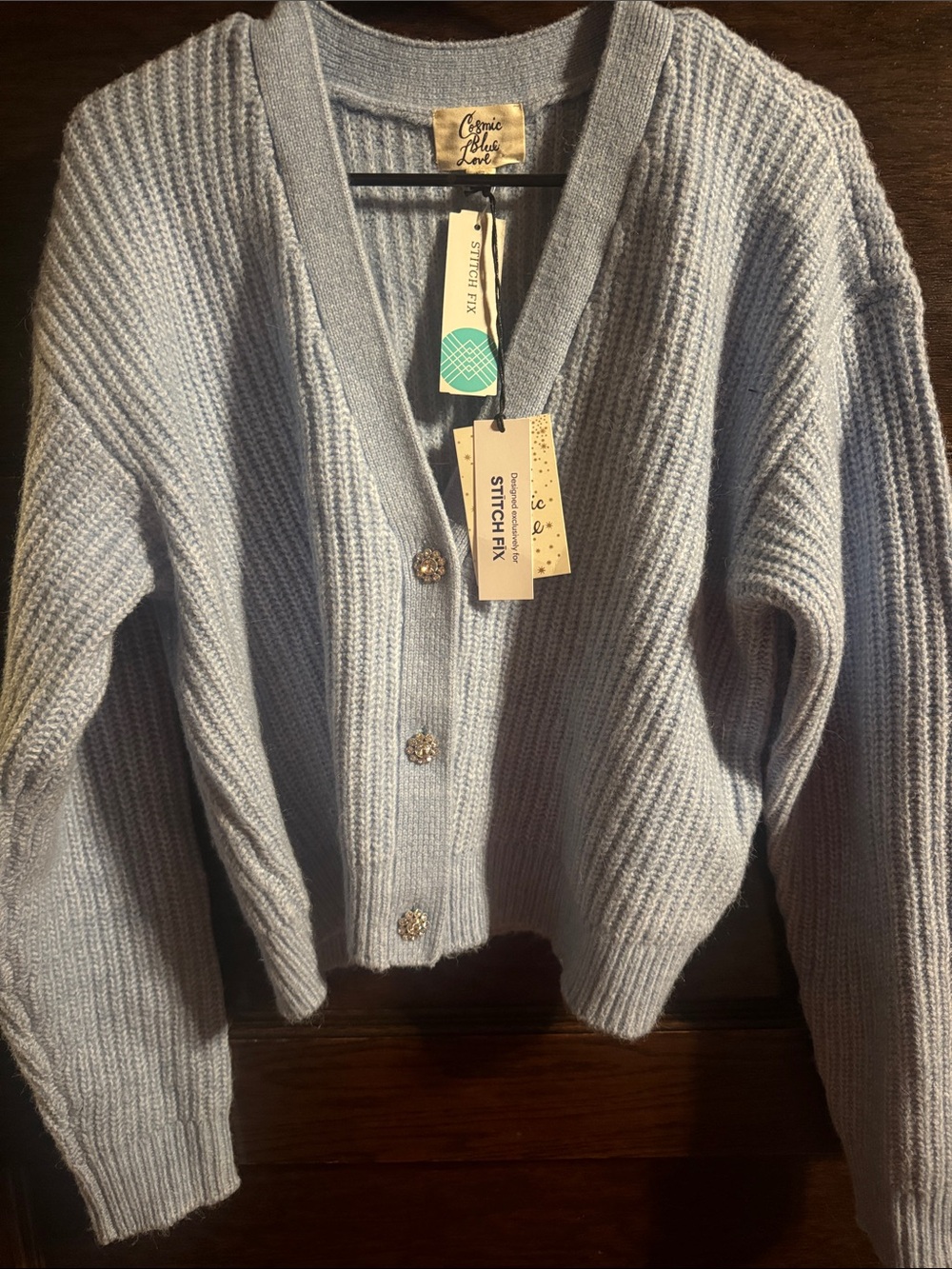 Cosmic Blue Love- Light Blue Ribbed V-Neck Cardigan Sweater NWT